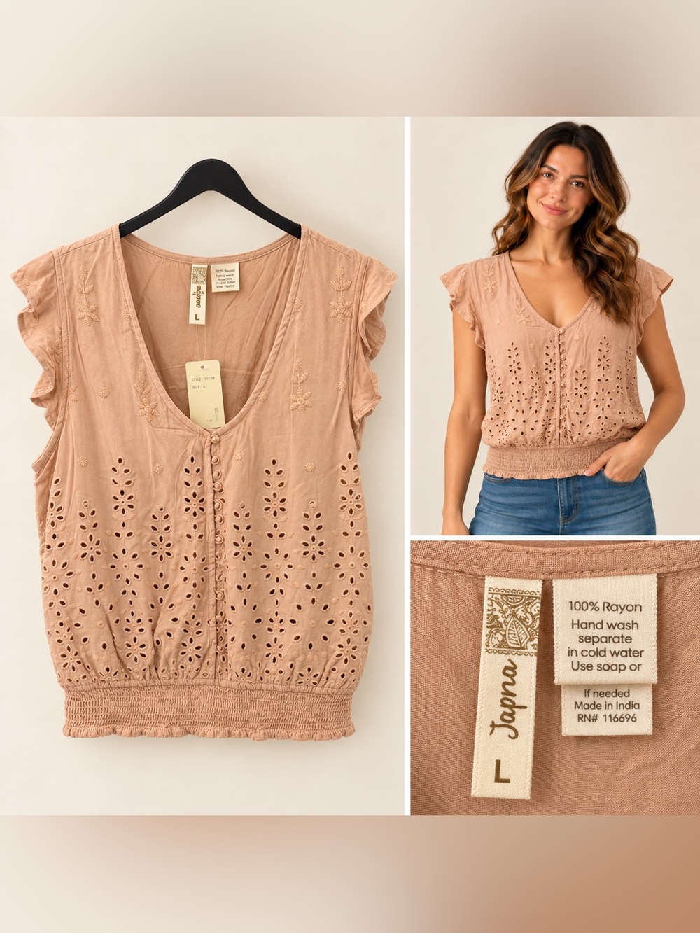Japna Mauve Tan Eyelet V-Neck Smocked Hem Sleeve Top